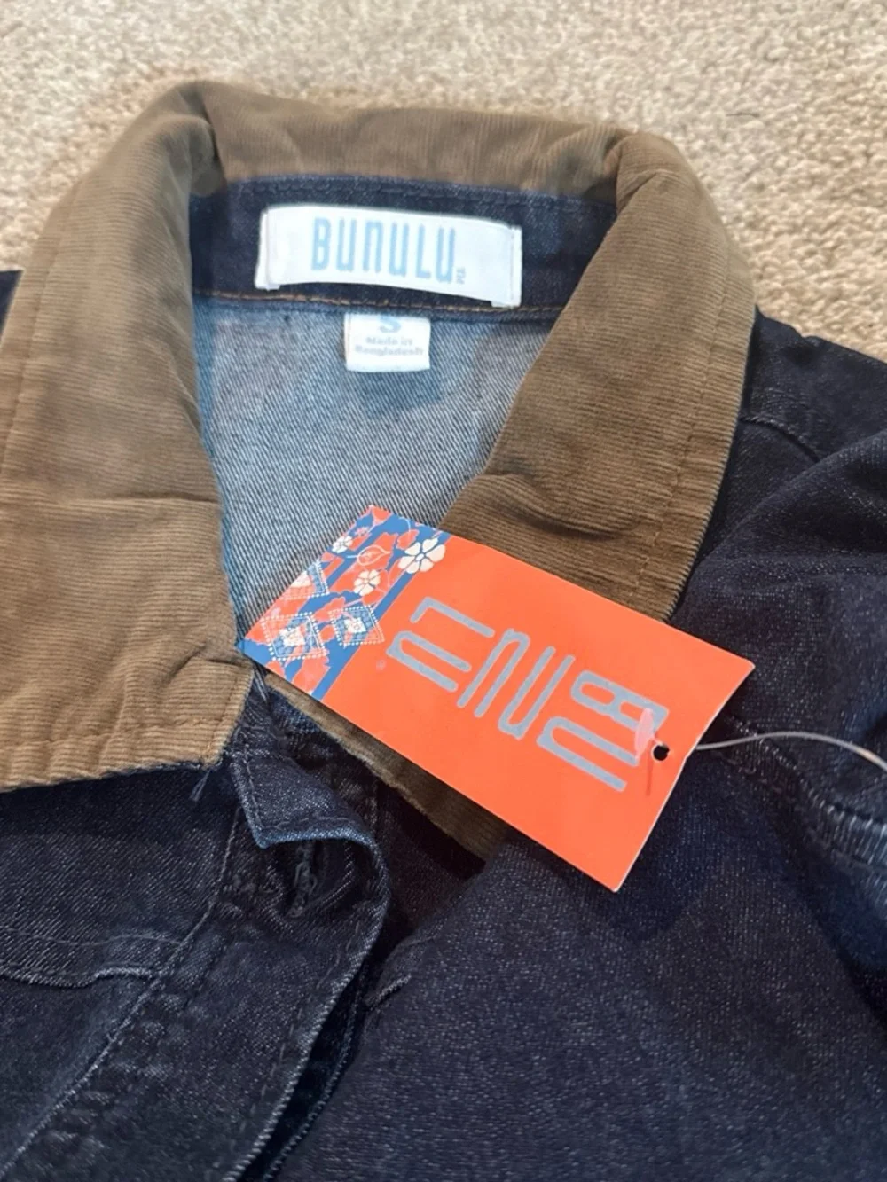 NWT Bunulu Women's Dark Blue Denim Jacket with Brown Collar Size S